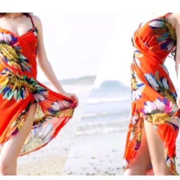 orange BEACH cover up bathing suit wrap DRESS swim - Picture 3 of 3